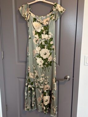 Reformation Sage Green Floral Maxi Dress with Cream Blooms